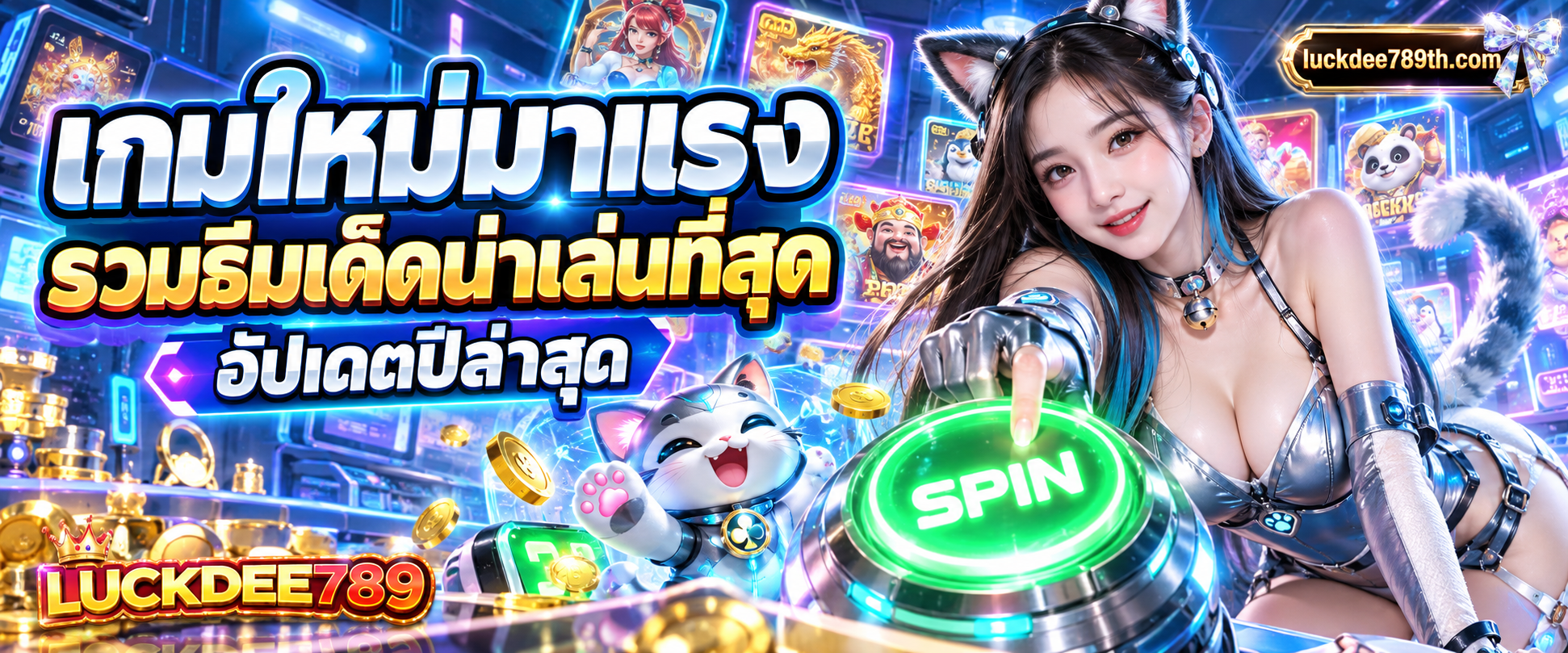 ภาพป้ายแบนเนอร์รวมโลโก้ เกมส์สล็อตใหม่ luckdee789 น่าเล่นที่สุดในปีนี้ ตกแต่งด้วยแสงไฟนีออนสไตล์โมเดิร์นยุคดิจิทัล