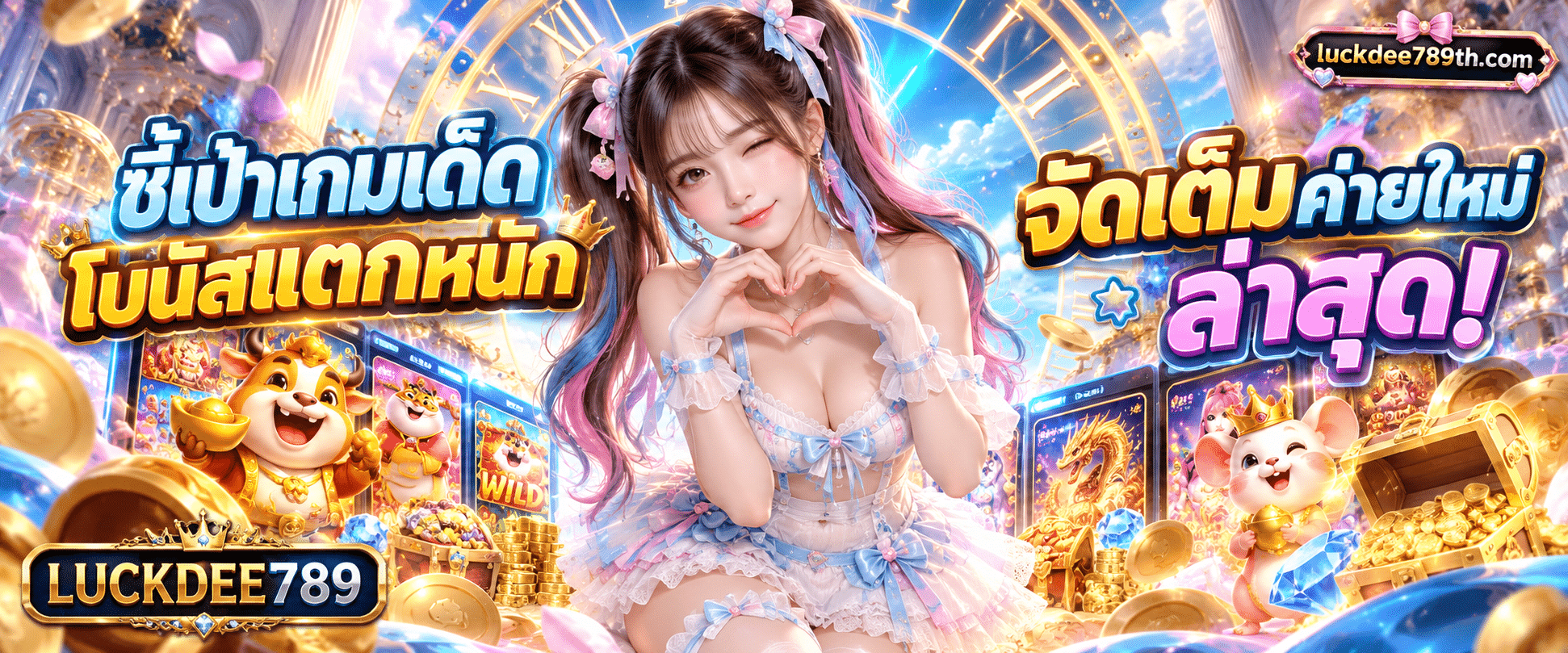 ภาพตัวละครเกมแนวแฟนตาซีสามมิติจาก สล็อตออนไลน์ luckdee789 โบนัสแตกหนักจึ้งมากแม่ พร้อมเอฟเฟกต์เหรียญทองกระจายรอบภาพ