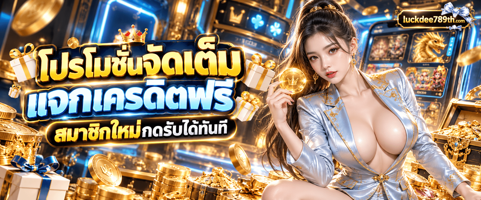 กล่องของขวัญผูกโบว์สีแดงเปิดออกบนหน้ารวม โปรโมชั่นสล็อต LUCKDEE789 แจกเครดิตฟรีสมาชิกใหม่ มีเหรียญเรืองแสงลอยรอบกล่อง